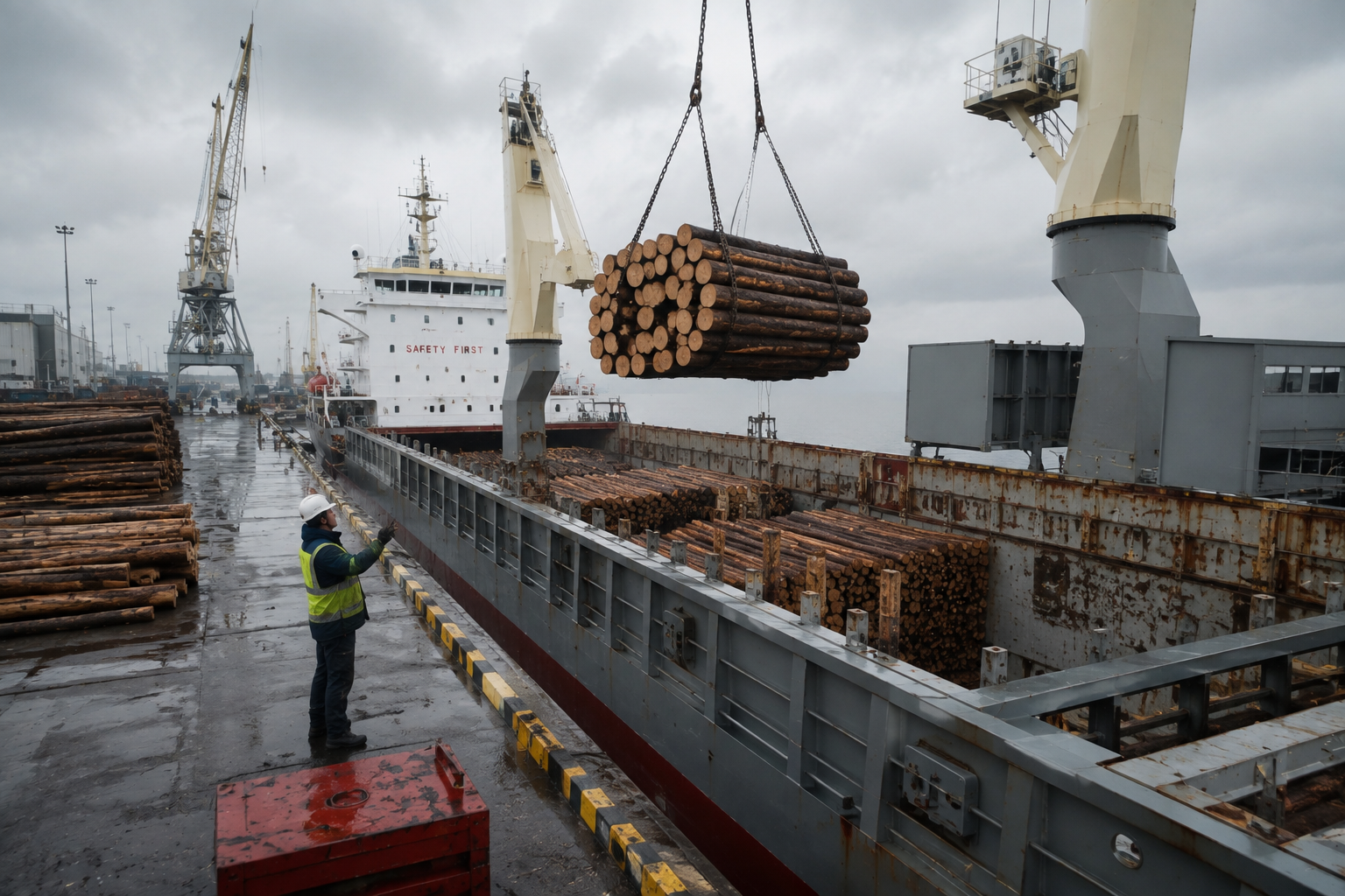 Timber logs being loaded on cargo ship